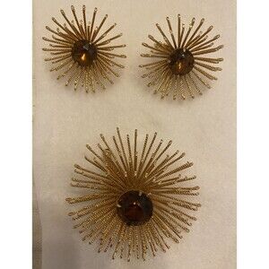 Vintage Sarah Coventry Topaz Atomic Starburst Brooch and Matching Clip Earrings